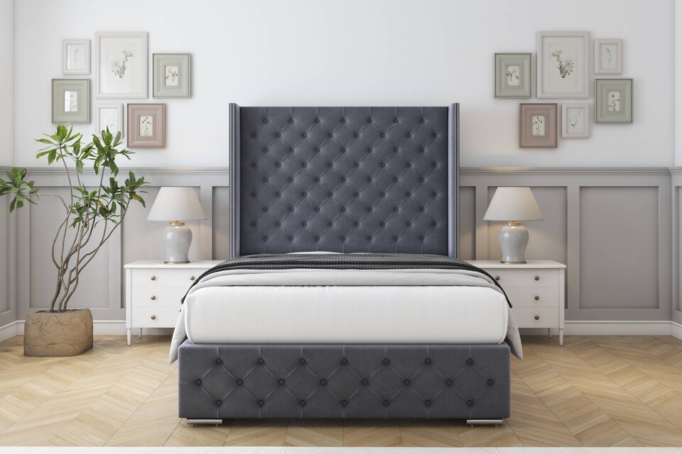 image 1 of Sloomy Arundel Steel Plush Bed Frame With 50"  Upholstered Wingback Headboard 4' Small Double