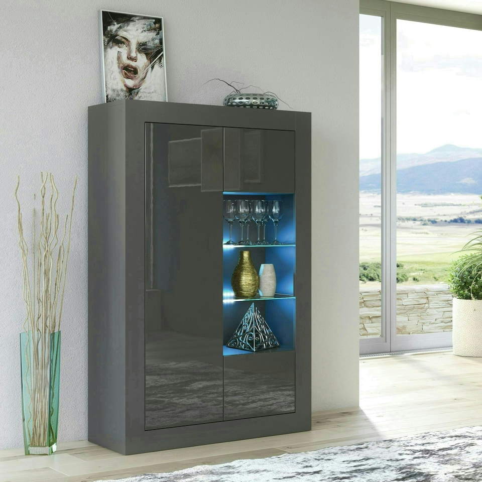 image 1 of Display Cabinet 93cm Grey Gloss Doors Dark Matt Body Free LED | Grey