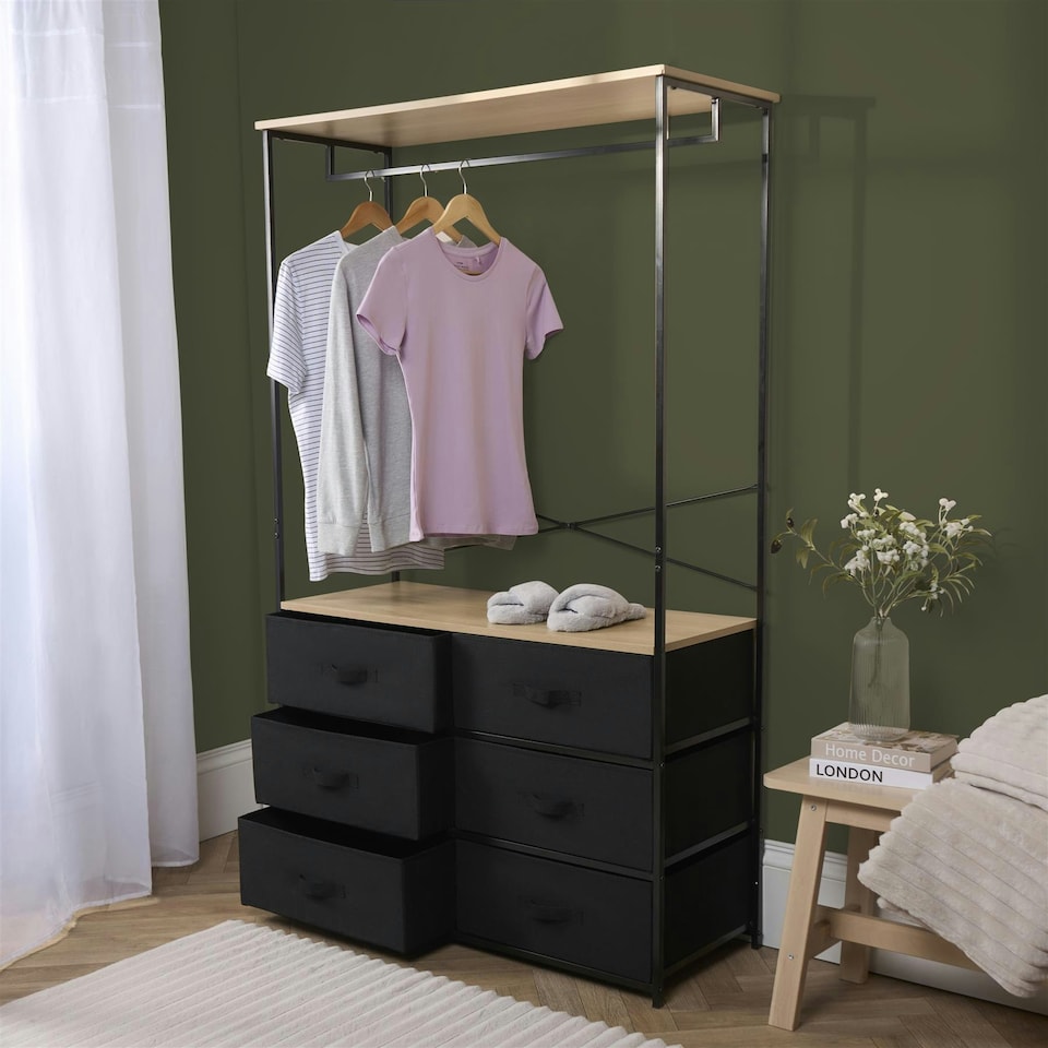 image 1 of OHS Brooklyn 6 Drawer Home Storage Fabric Display Cabinet With Hanging Rail Black