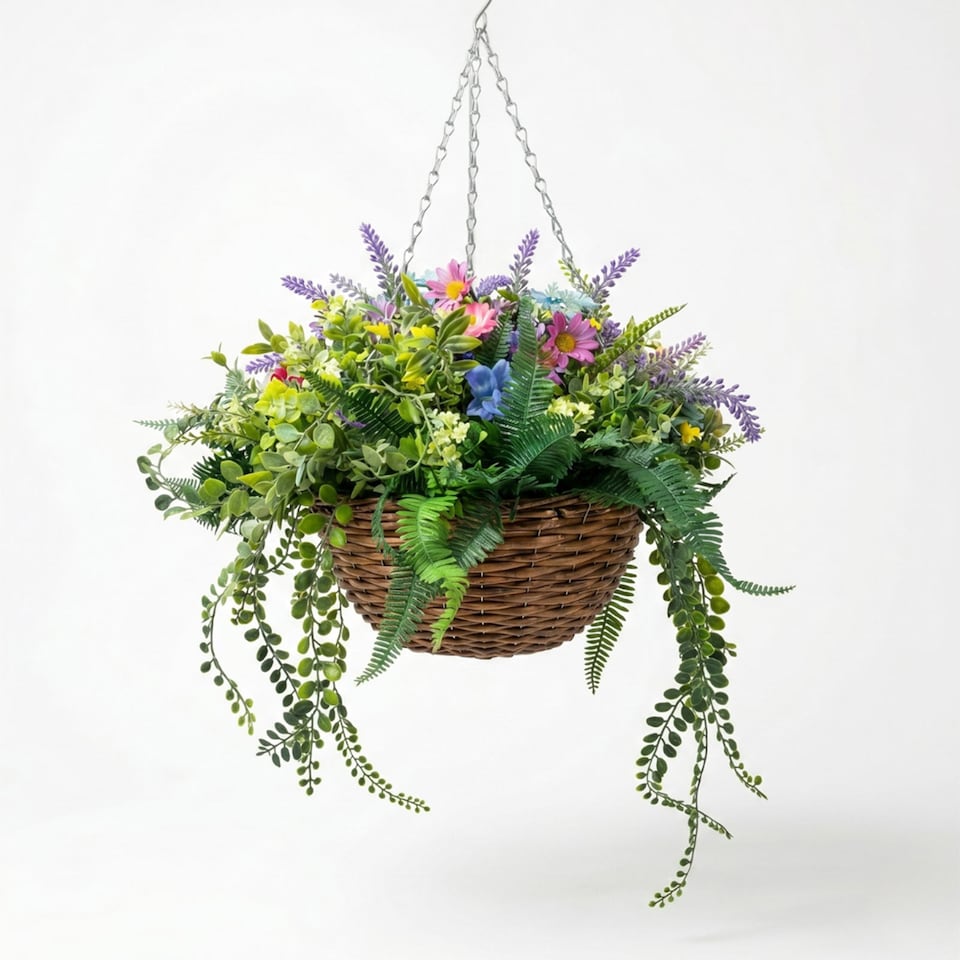 image 1 of Homescapes Multi-Flower Botanical Hanging Basket, 40cm, Vibrant Meadow