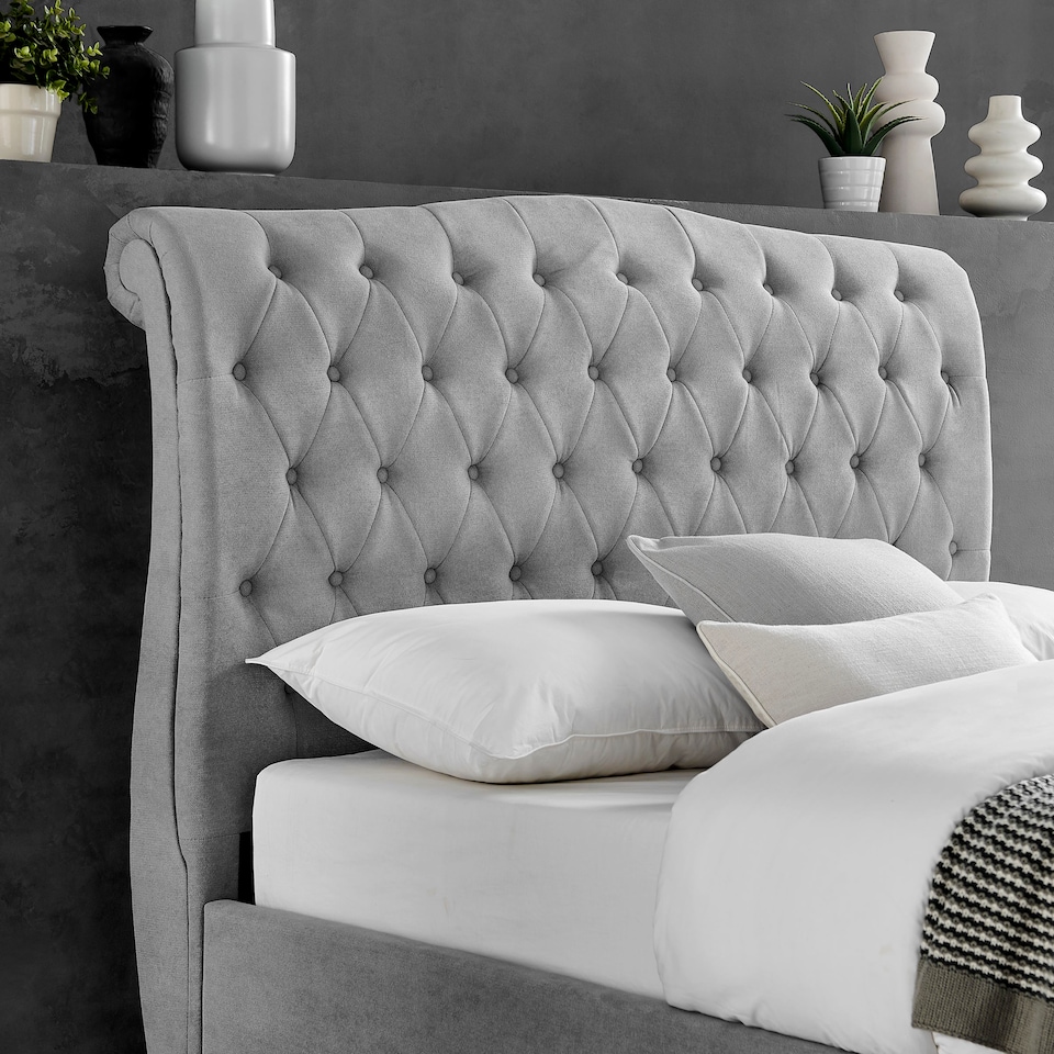 image 1 of 4ft6 Double Ottoman gas liftup storage bed frame,fabric upholstered, light grey,buttoned back,curved bed frame,bedstead