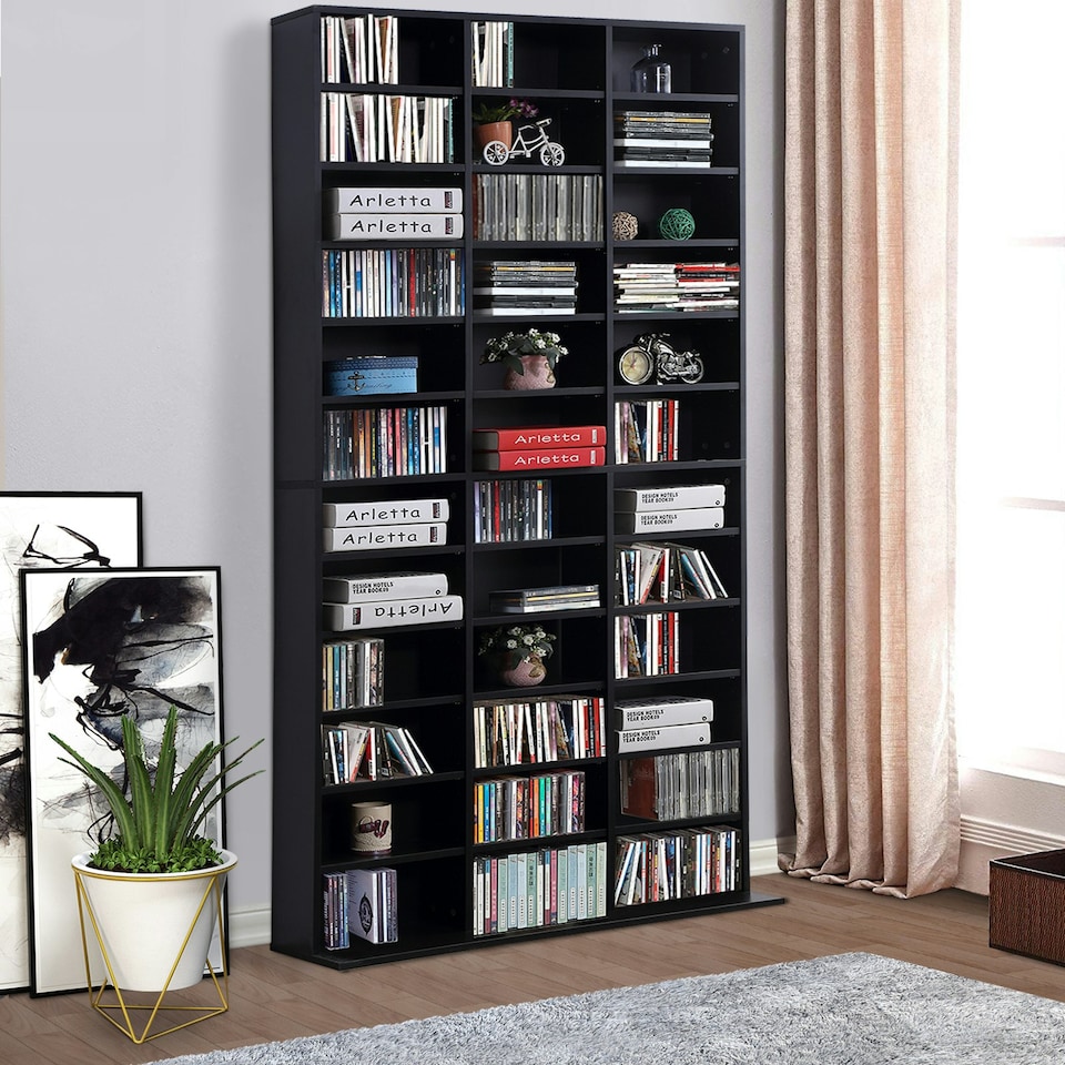 image 1 of HOMCOM CD DVD Media Storage Shelves Display Shelf Racks Wooden Frame Black