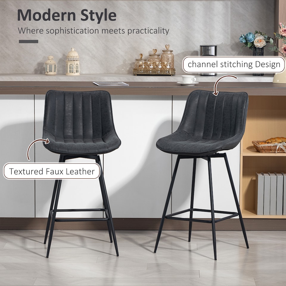 image 1 of HOMCOM Swivel Bar Stools Set of 2, PU Leather Upholstered Bar Chairs, Black | Black | Black
