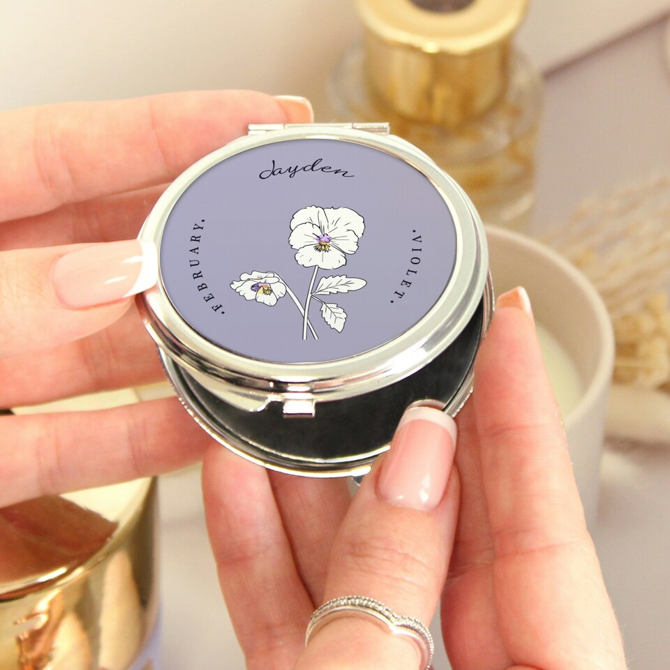 image 1 of Personalised Birth Flower Round Compact Mirror Silver