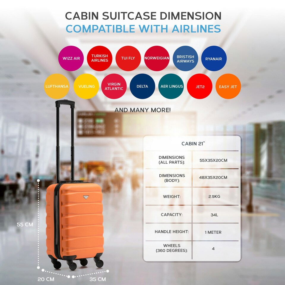 image 1 of 55x35x20cm Carry On Cabin Hard Shell Suitcase - 100+ Airlines Approved Including EasyJet (Paid), British Airways, Ryanair (Priority), TUI Orange | Orange/Black | Cabin Bag
