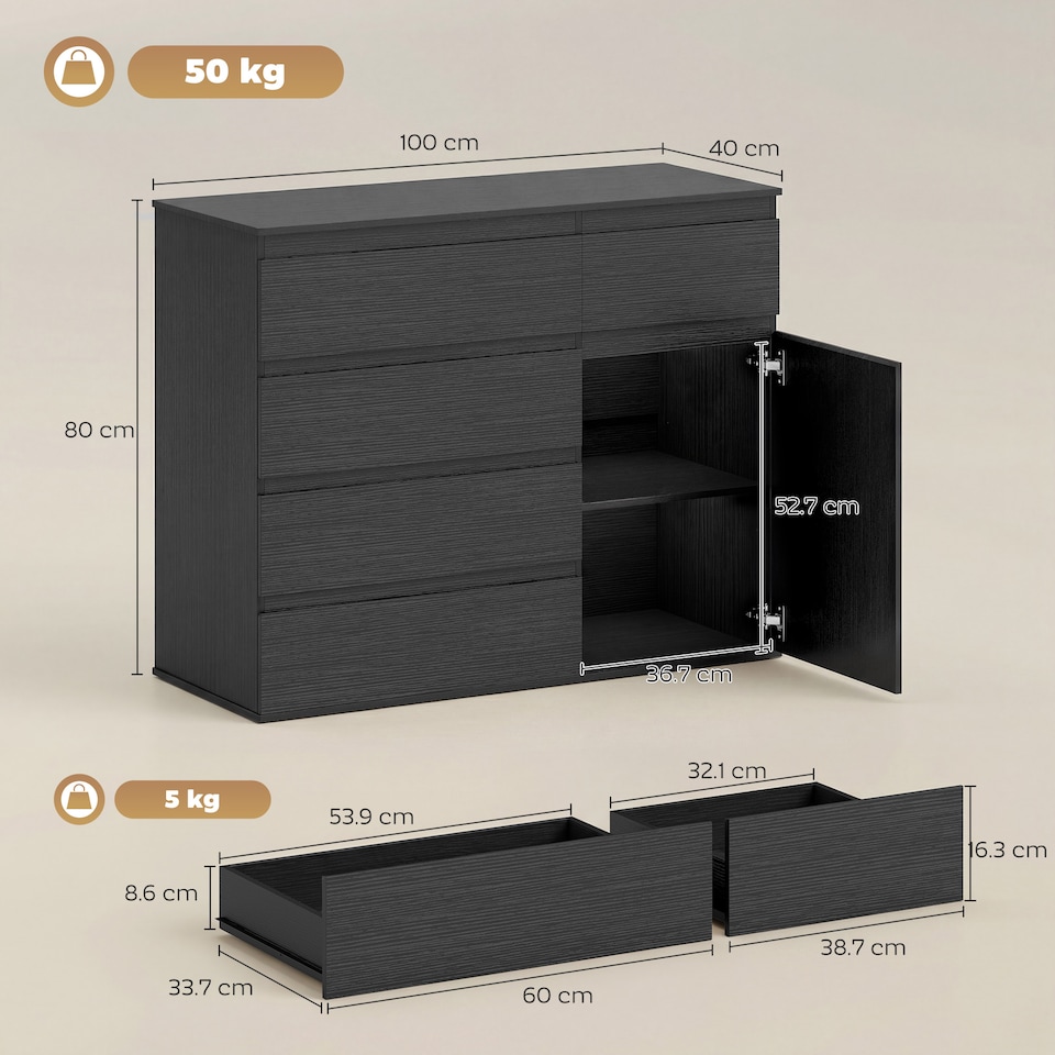 image 1 of HOMCOM Sideboard Storage Cabinet, Kitchen Cupboard with 5 Drawers | Black | Black embossed