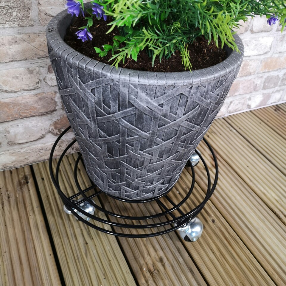 image 1 of Tom Chambers Handcrafted Heavy Duty Round Black Metal Garden Patio Plant Flower Pot Stand Caddy Trolley on Strong Metal Castor Wheels 37cm Black