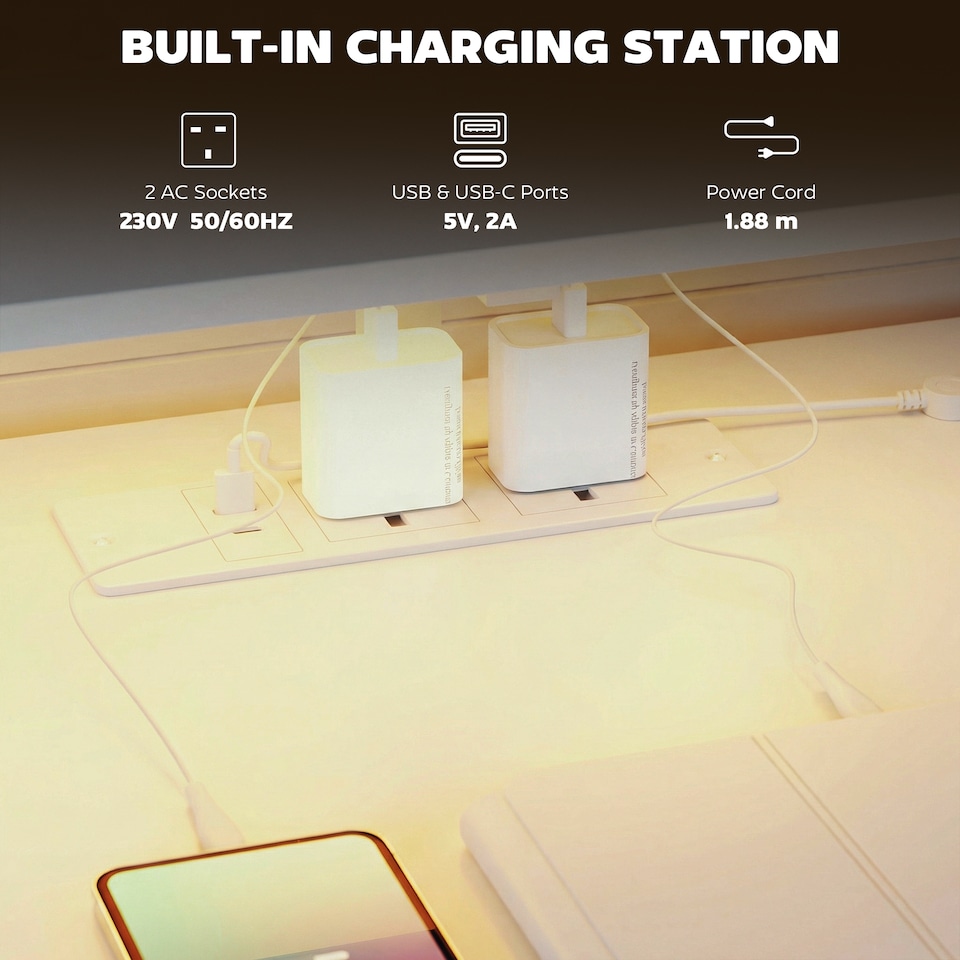 image 1 of HOMCOM 147cm Gaming Desk with Charging Station and RGB Lights, White | White | White | 147 x 47 x 110-130 cm