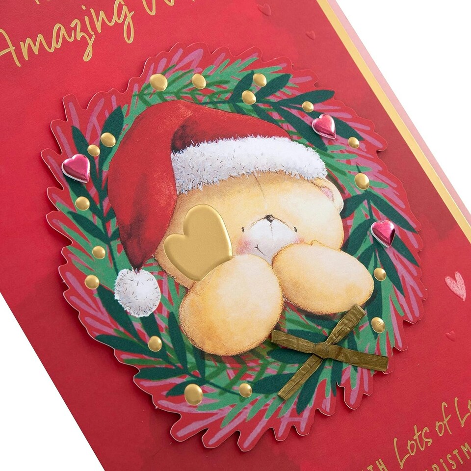 image 1 of Cute Forever Friends Bear in Wreath Design Boxed Christmas Card for Wife