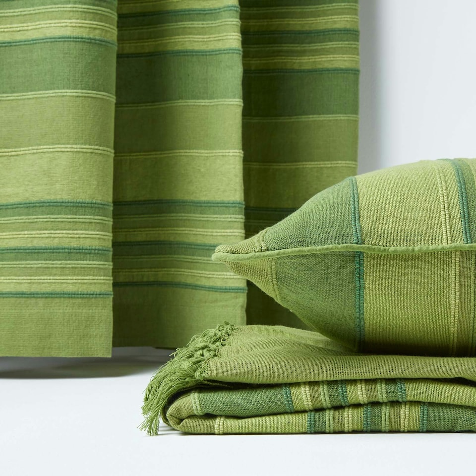 image 1 of Homescapes Cotton Morocco Striped Green Throw - 150 x 200 cm | Green