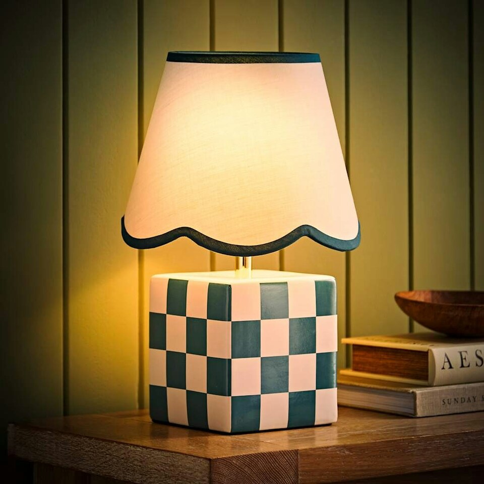 image 1 of ValueLights Evie Ceramic Cube Checkered Table Lamp with Sage Green Trim Linen Scallop Lamp Shade and LED Bulb