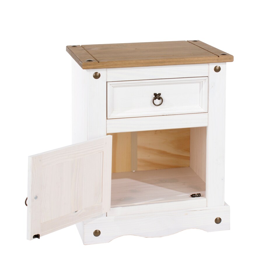 image 1 of Corona Premium Bedside Cabinet - Mexican Pine Design with Dovetail Drawer and Metal Hardware | White | White Wax | One Size | 1