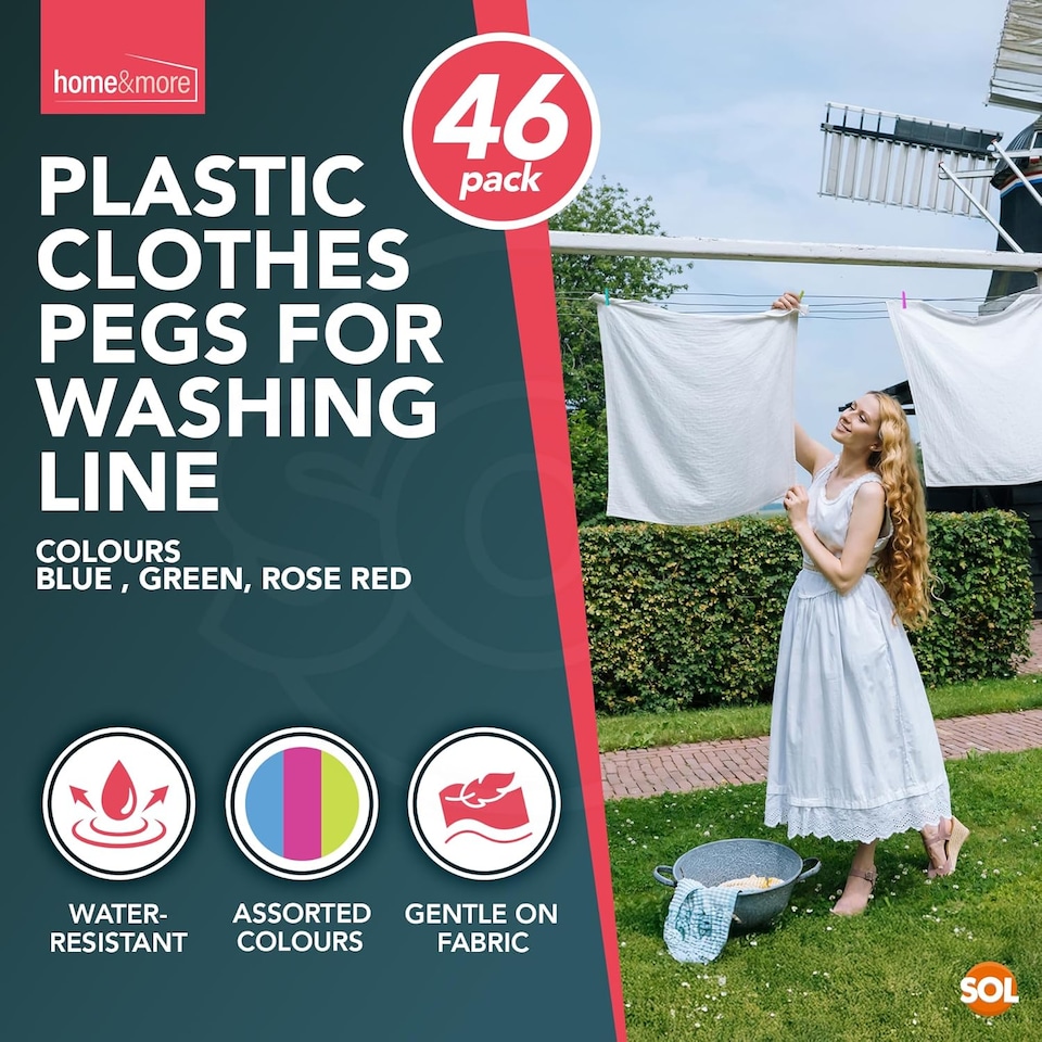 image 1 of 46pk Plastic Clothes Pegs – Extra Strong Water-Resistant Laundry Clips in Assorted Colours, Gentle on Fabric with Secure Hold in Windy Conditions
