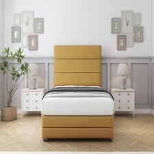 Sloomy Monaco Mustard Plush Divan Bed With Mattress No Drawers With 26" Strutted Headboard & 12" Matching Footboard 5' King | Gold | Mustard | King | 1