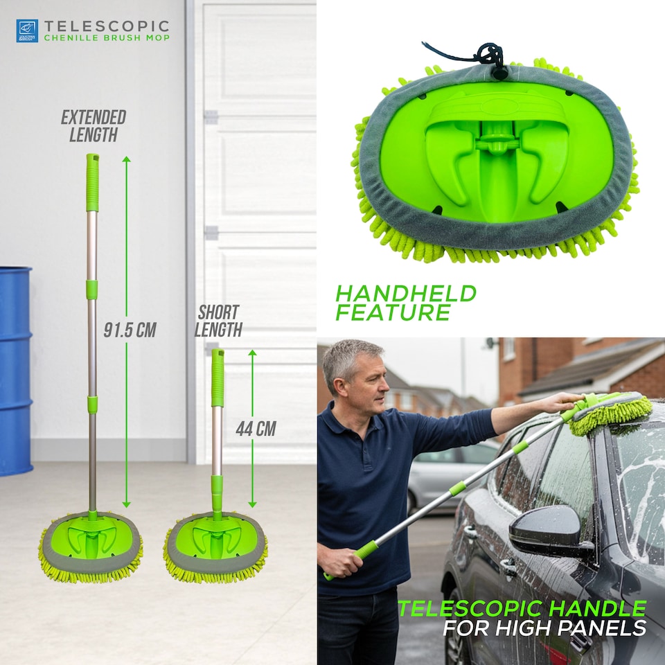 image 1 of Telescopic Chenille Car Wash Mop 2-in-1 Detachable Microfibre Mitten & Long Handle Brush | Green | Green