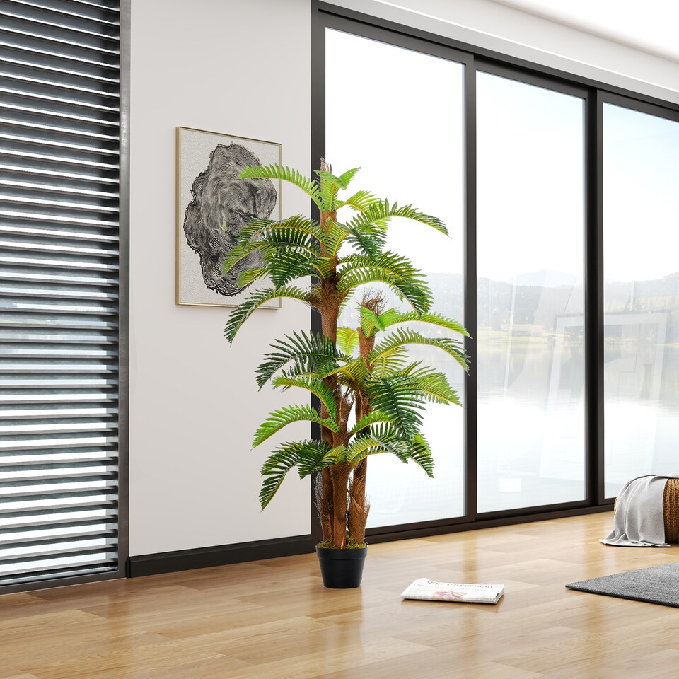 image 1 of Outsunny 150cm5FT Artificial Tropical Fern Tree Decorative Plant with Nursery Pot, Fake Plant for Indoor Decor | Green