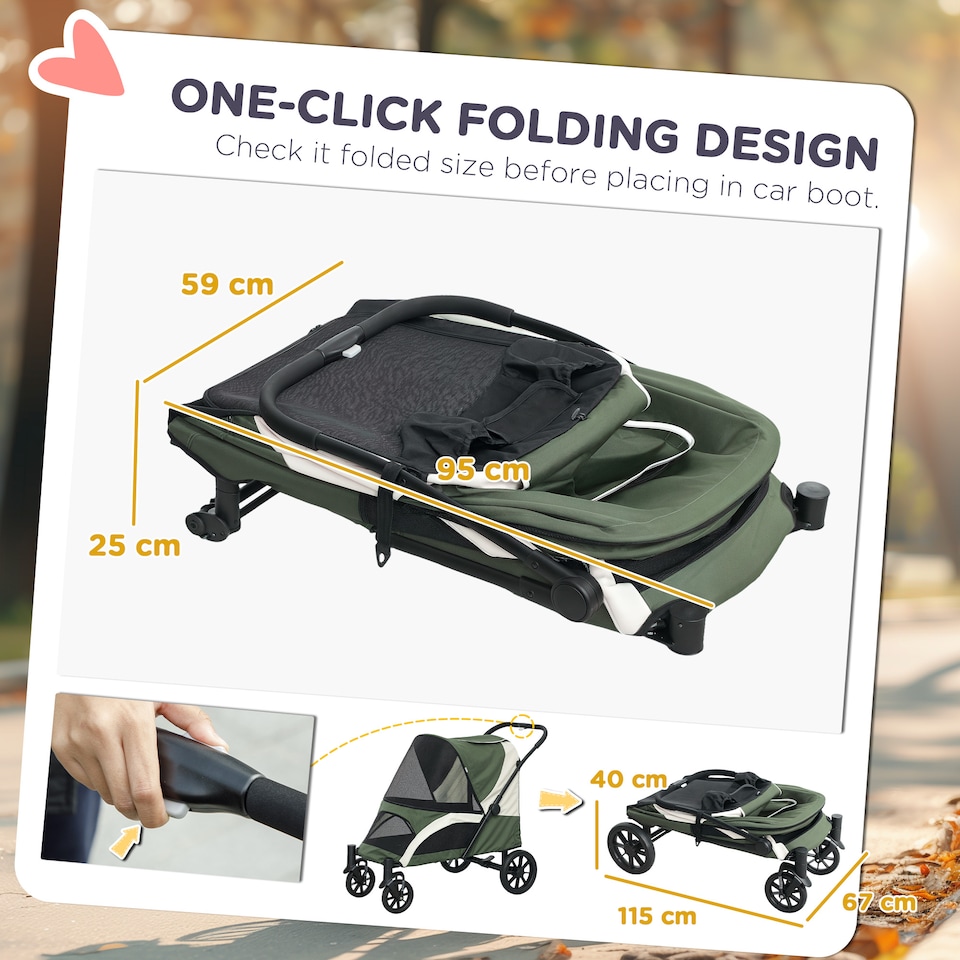 image 1 of PawHut Foldable Pet Stroller with 4 Big Wheels for Medium Dogs, Dark Green