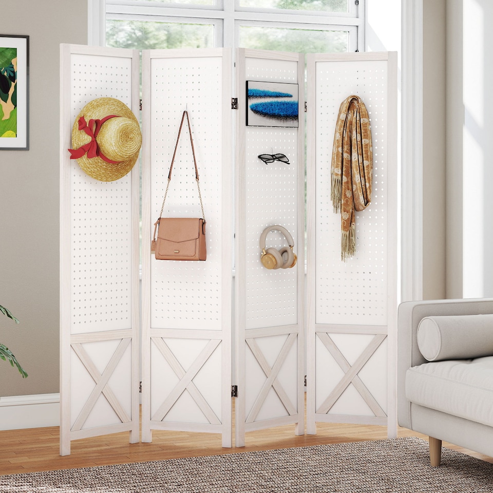 image 1 of COSTWAY 4 Panel 162 x 170cm Folding Room Divider with Pegboard Display