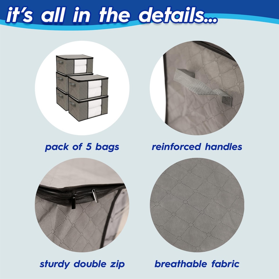 image 1 of Harbour Housewares Clothes Storage Bags with Lid - 95 Litre - Grey - Pack of 5
