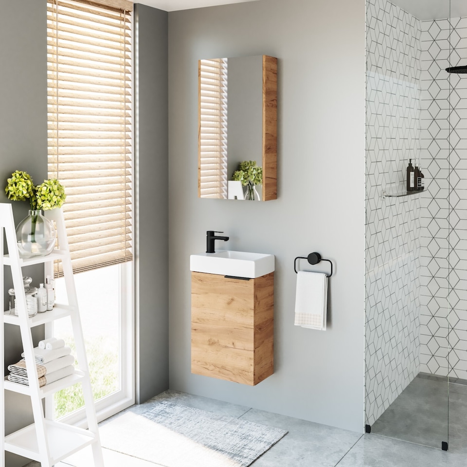 image 1 of Bathroom Mirror Cabinet Mirrored Wall Unit 400mm Slimline Cupboard Oak Finish Narrow Storage Avir