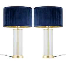 Set of 2 Aura - Satin Brass Lamps with Navy Blue Pleated Velvet Shades Bronze | Blue