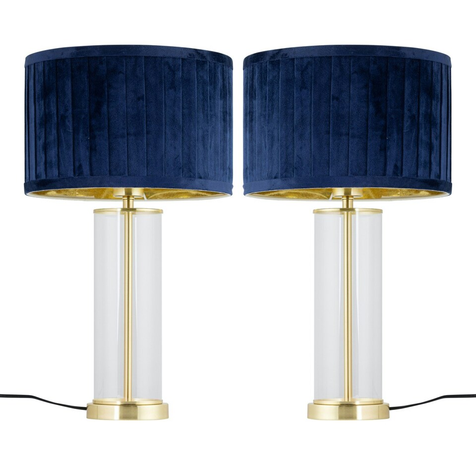image 1 of Set of 2 Aura - Satin Brass Lamps with Navy Blue Pleated Velvet Shades Bronze | Blue