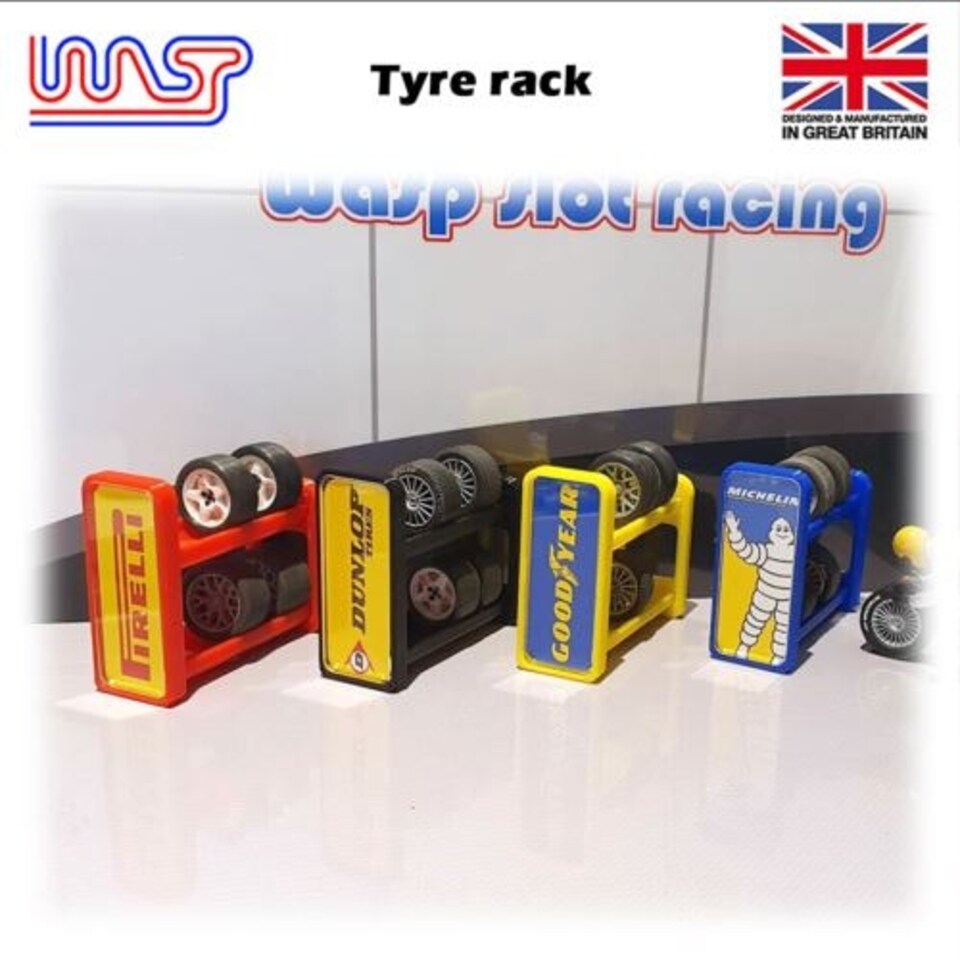 image 1 of Slot Car Scenery Track Side Tyre Wheel Rack Black with Logos 1:32 WASP