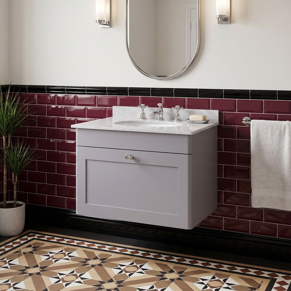 image 1 of Balterley Swynnerton Traditional 1 Drawer Wall Hung Vanity Unit with Marble Basin, Satin Grey, 600mm