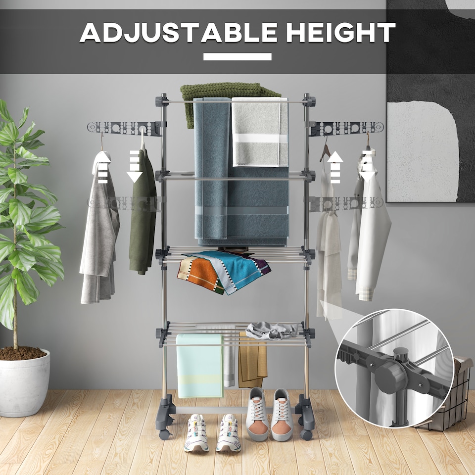 image 1 of HOMCOM 4-Tier Large Clothes Airer Stainless Steel Clothes Drying Rack Grey