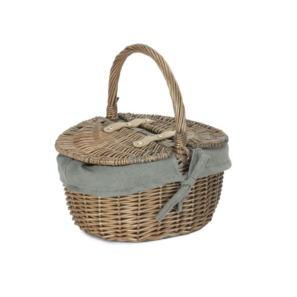image 1 of Small Antique Wash Finish Oval Picnic Basket with Grey Sage Lining | Grey | Grey | One Size