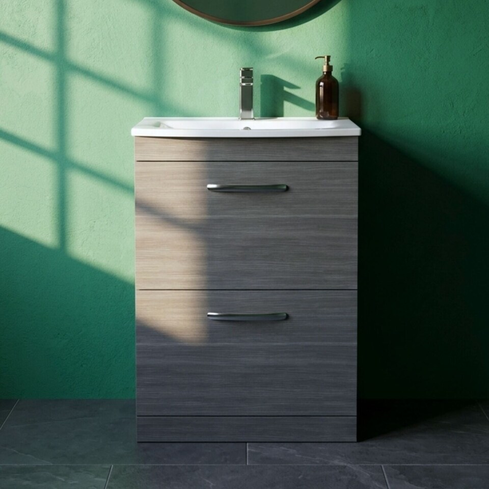 image 1 of Balterley Millwich Contemporary 2 Drawer Floor Standing Vanity Unit with Curved Basin, Anthracite Woodgrain, 600mm