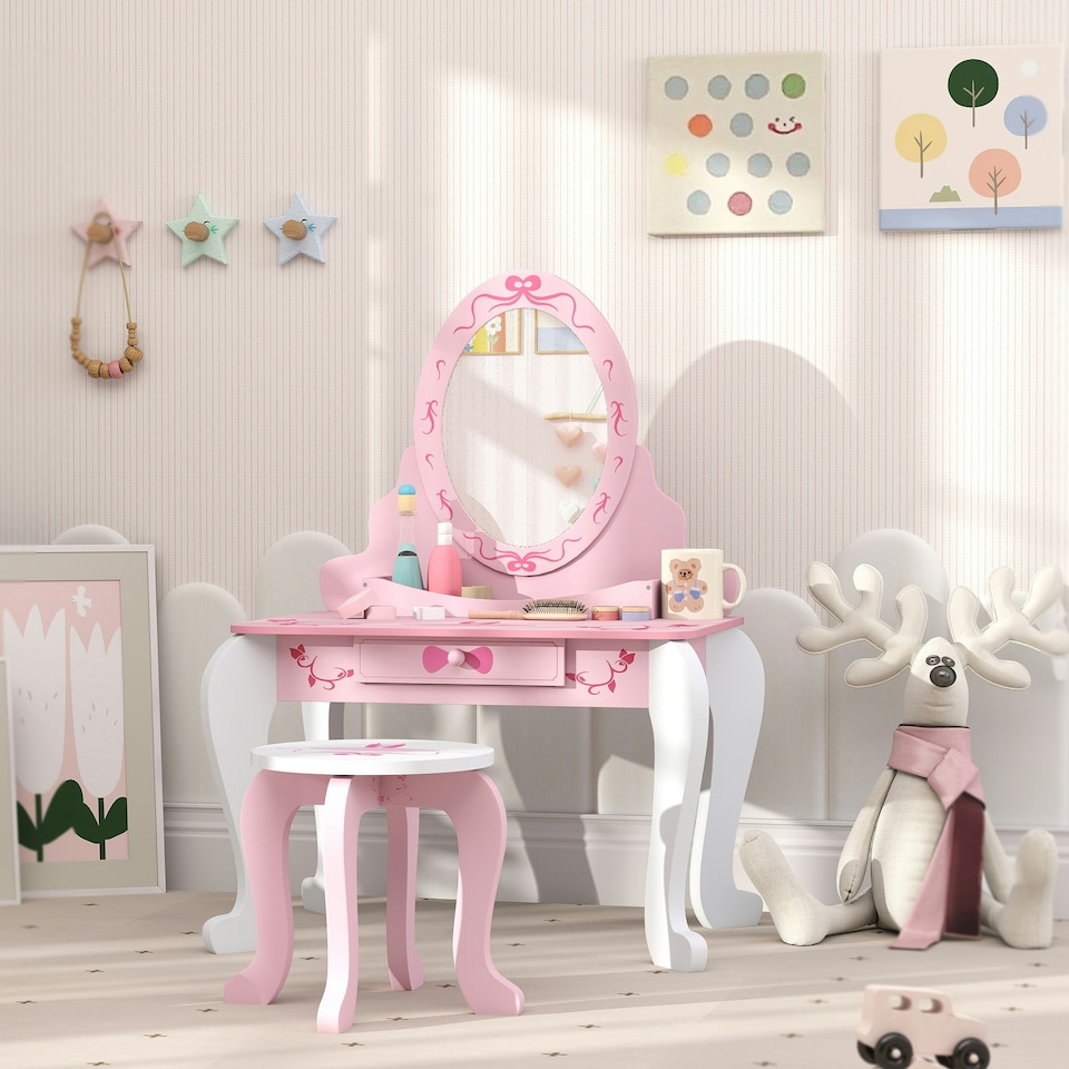 image 1 of AIYAPLAY Kids Dressing Table Set, Two-Piece Children Vanity Table with Stool Pink