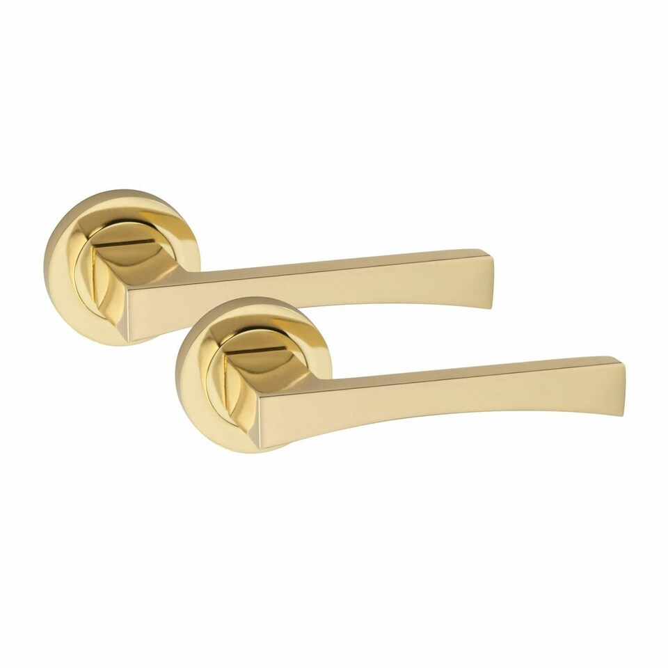 image 1 of Golden Grace 5 Pairs Wave Design Door Handles Latch on Round Rose in Electro Brass Finish with 2.5" Tubular Latch and 3" Standard Butt Hinges - 52mm Diameter Gold
