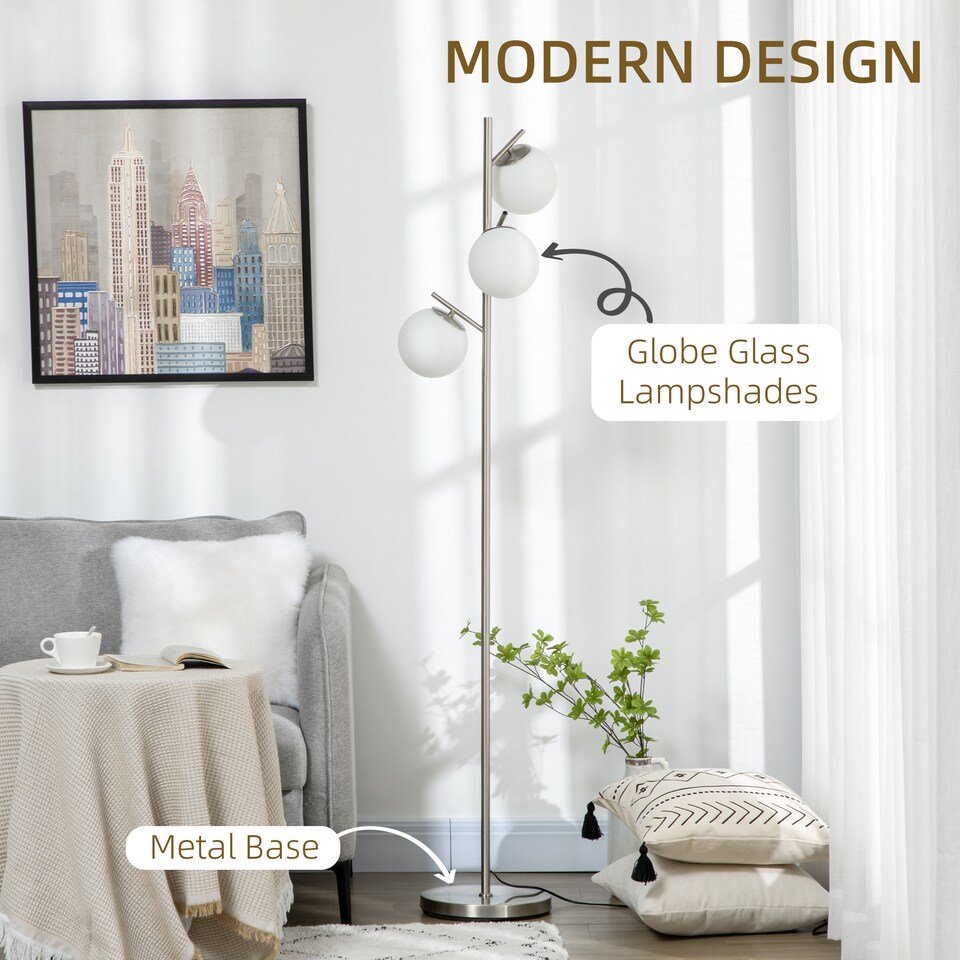 image 1 of HOMCOM 3Light Tree Floor Lamps for Living Room, Modern Standing Lamp for Bedroom with Globe Lampshade, Steel Base, Bulb not Included, Silver Tone