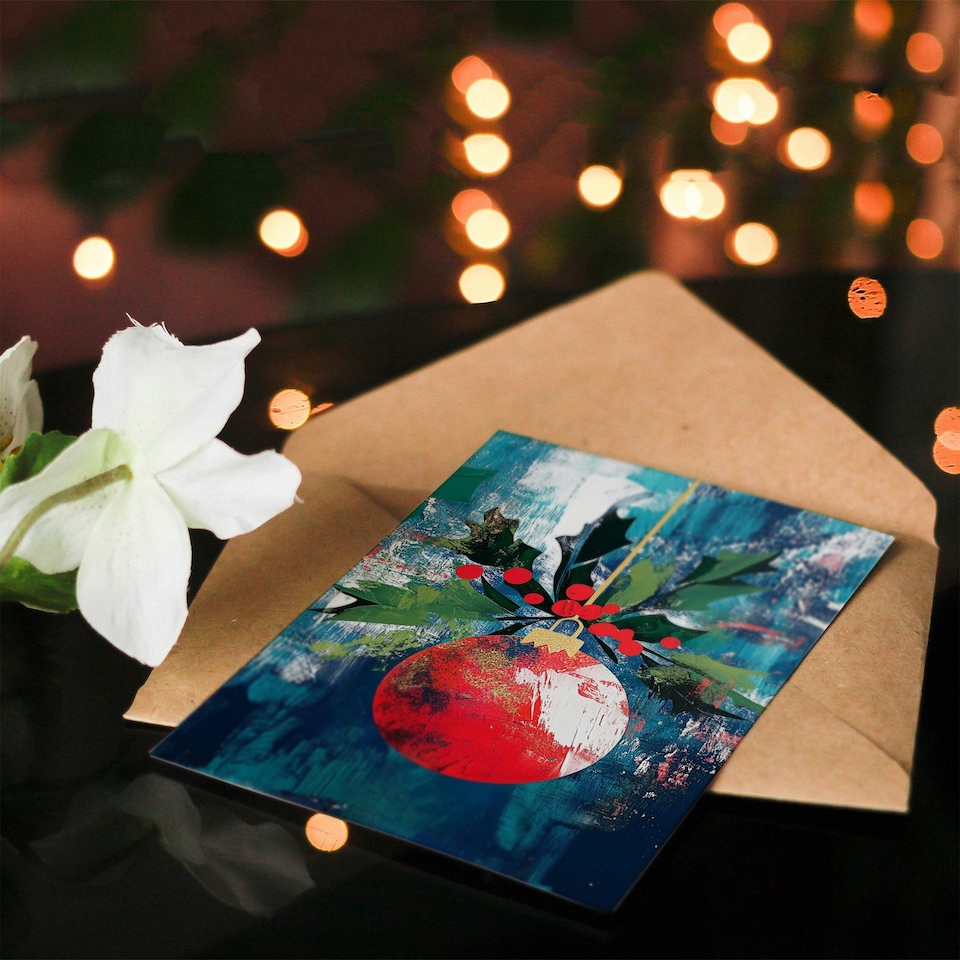 image 1 of Single Hanging Red Bauble Ornament Holly Painting Blank For Him Or Her Art Christmas Card