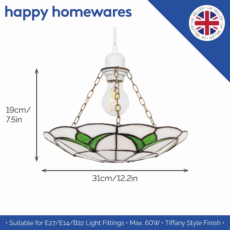 image 1 of Traditional Stained Glass Tiffany Pendant Light Shade with Emerald Green Leaves | Green