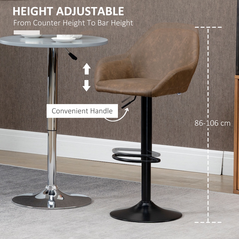 image 1 of HOMCOM Bar Stools Set of 2, Height Adjustable Swivel Barstools, PU Leather Kitchen Stools with Backs, Armrests and Footrest for Home, Counter and Dining Room, Dark Brown