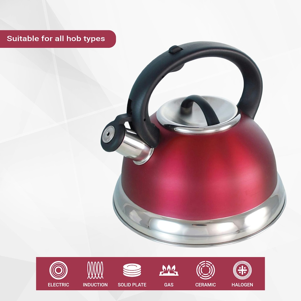 image 1 of Buckingham Stainless Steel Retro Whistling Kettle 3 Litre Red