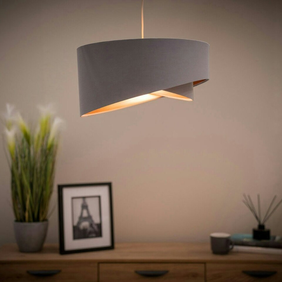 image 1 of ValueLights Trekan Fabric Textured Grey Drum Ceiling Pendant Shade