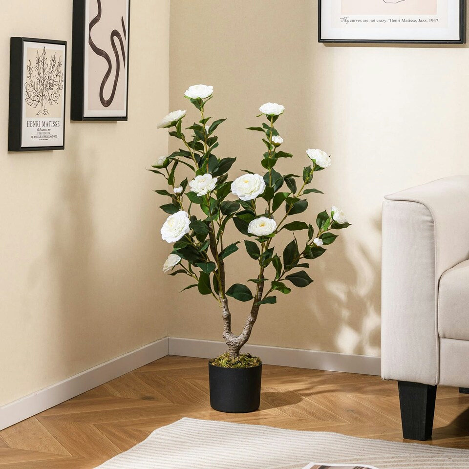 image 1 of COSTWAY 90CM Artificial Camellia Tree Faux Flower Plant White | One Size