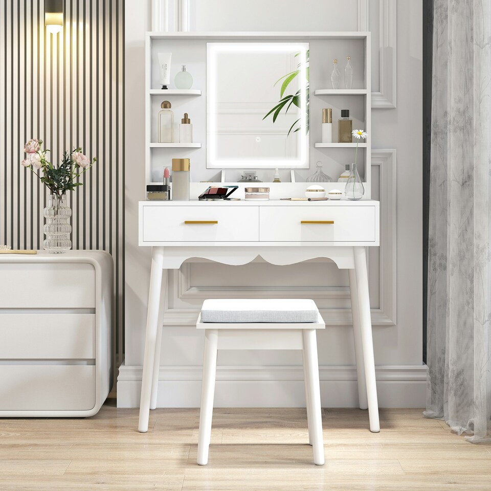 image 1 of HOMCOM Dressing Table with LED Lighted Mirror and Cushioned Stool White | White | Gold | 80W x 40D x 137.5H cm