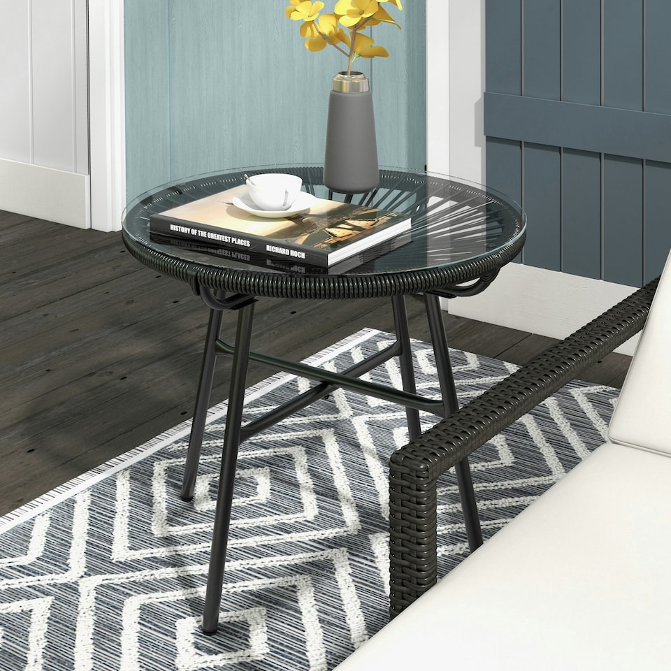 image 1 of Outsunny Rattan Side Table w/ Tempered Glass Tabletop, Black 