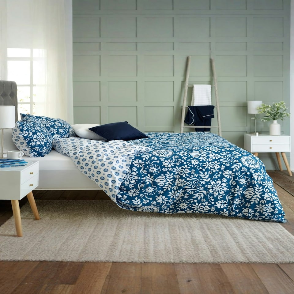 image 1 of Ornamental Tile Floral 100% Cotton Duvet Cover Set – Soft & Decorative | Blue | Double