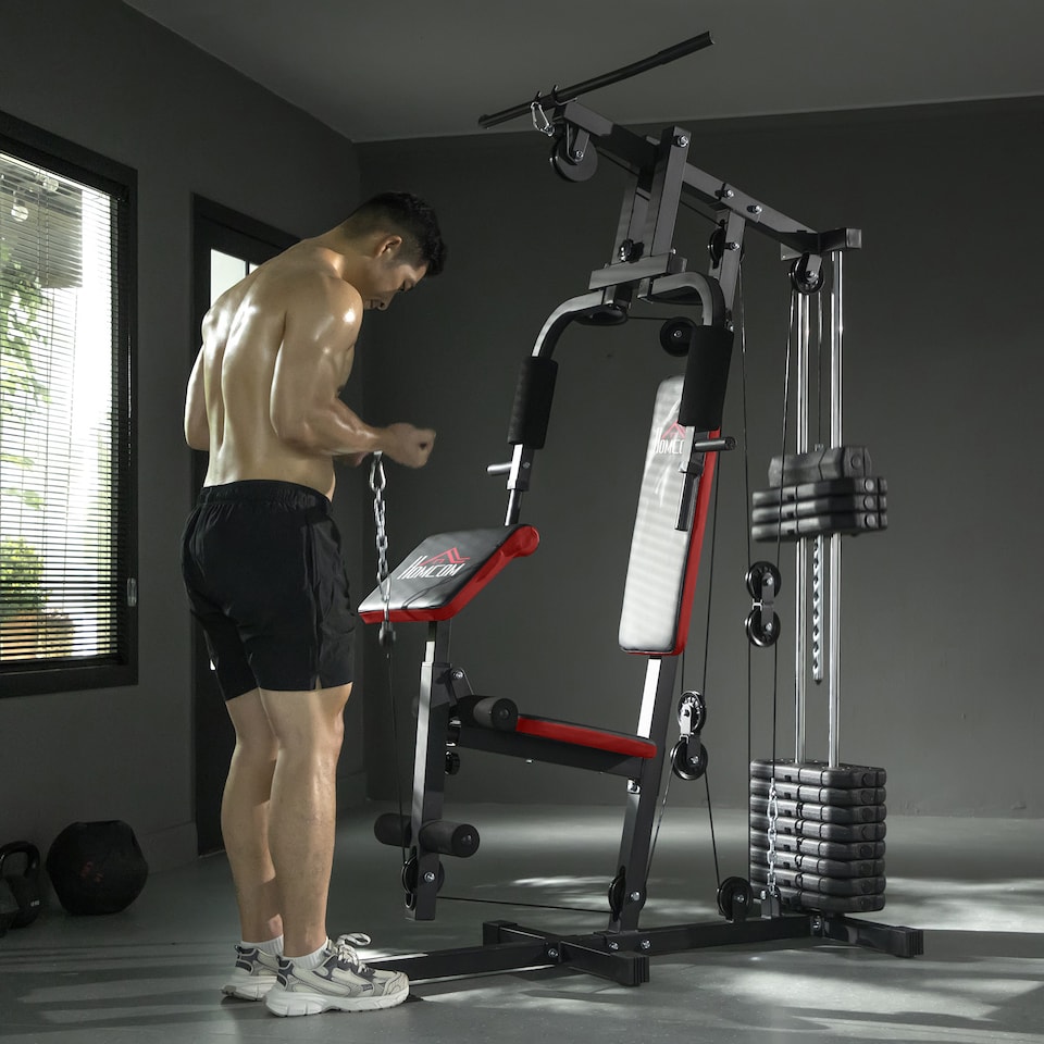 image 1 of HOMCOM Multi Home Gym Machine with 66kg Weights for Strength Training, Red