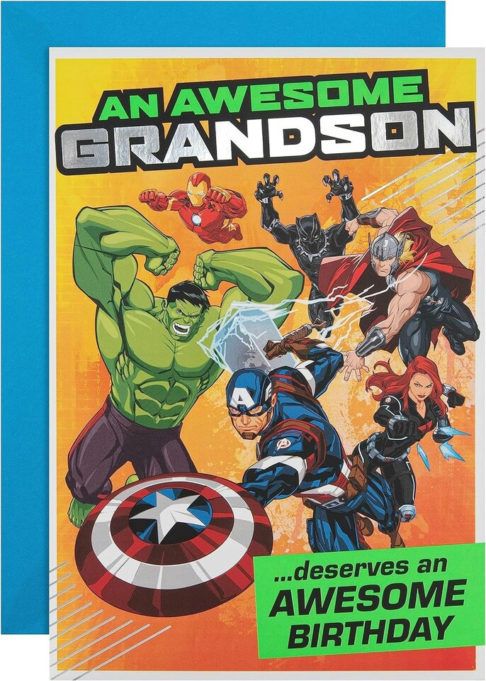 image 1 of Marvel Superheroes Design Grandson Birthday Card with Activity