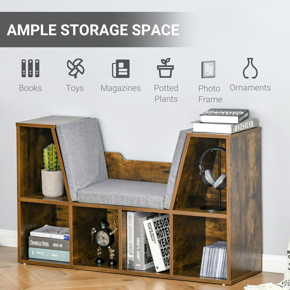 image 1 of HOMCOM Cube Bookshelf Organizer with Reading Seat, Six Cubes, Brown