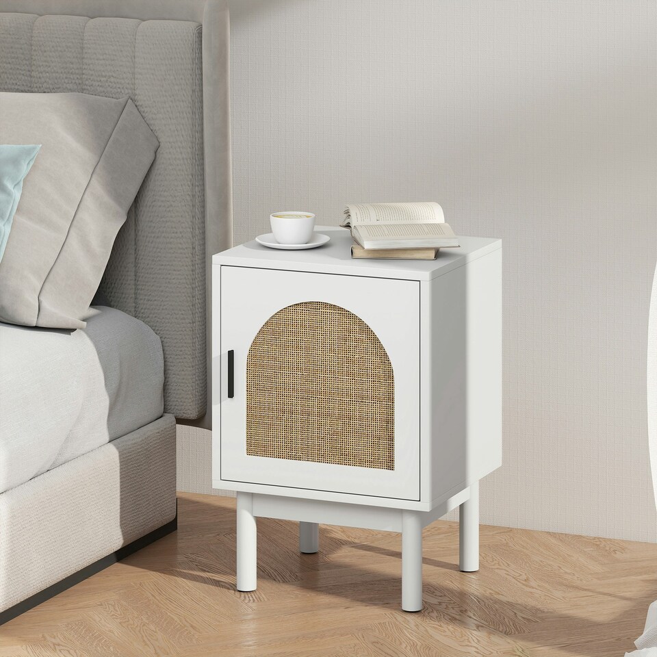 image 1 of HOMCOM Boho Bedside Table with Rattan Door and Adjustable Shelf, White White | Natural Rattan