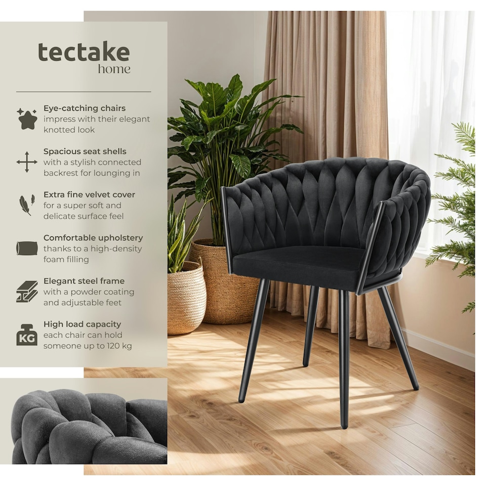 image 1 of Dining Chair Astano - padded, velvet, knot design, continuous backrest - Set of 2 Black