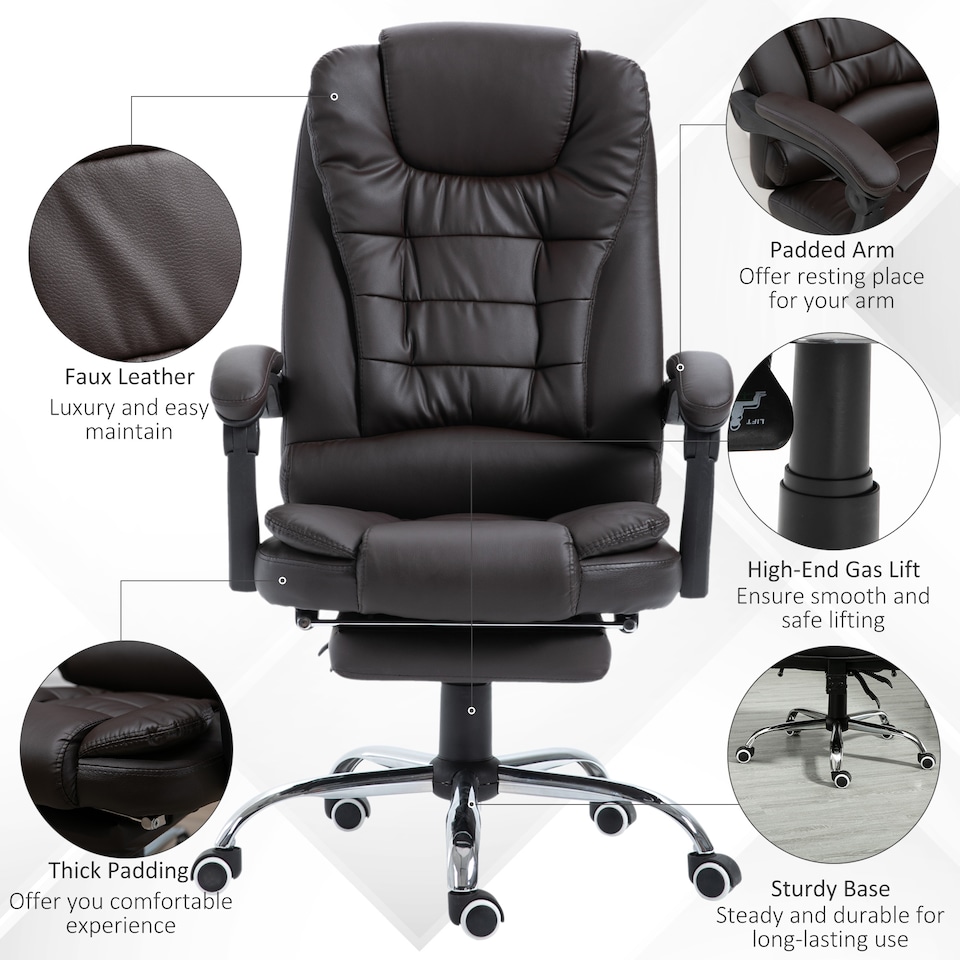 image 1 of HOMCOM PU Leather Executive Office Chair, High Back Swivel Chair with Retractable Footrest, Adjustable Height, Reclining Function, Brown