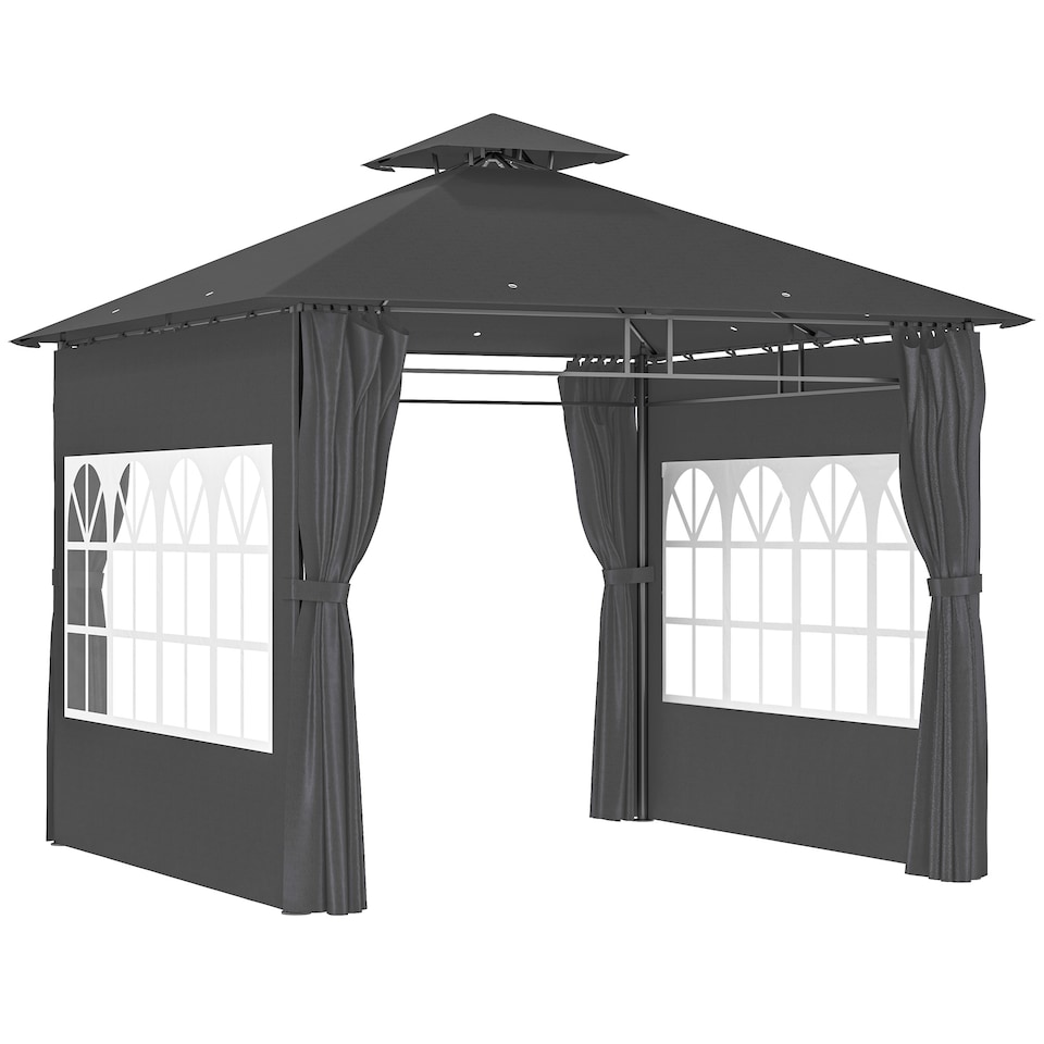 image 1 of Outsunny 3 x 3 m Garden Gazebo, Double Roof Metal Gazebo with Removable Sidewalls and Church Windows, Outdoor Canopy Shelter, Dark Grey